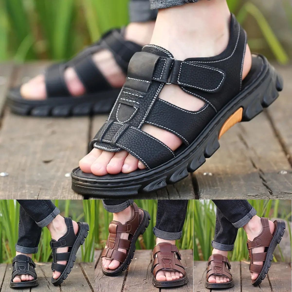 🔥👟 (Compre 1 y obtenga 1 gratis) [Tamaño 38 ~ 44] Sandalias de playa antideslizantes de cuero suave hechas a mano para hombres